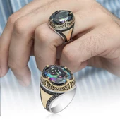 Oval Mistik Topaz Taşlı 925 Gümüş Erkek Yüzük - 10