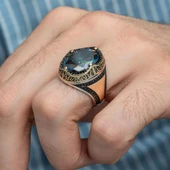 Oval Mistik Topaz Taşlı 925 Gümüş Erkek Yüzük - 4