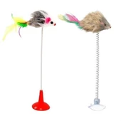 BUFFER® 2li Vantuzlu Fareli Tüylü Hareketli Çanlı ve Esneyen Eğlenceli Peluş Kedi Oyuncağı - 1