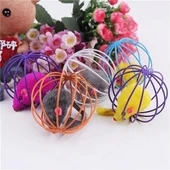BUFFER® Renkli Metal Kafesli Peluş Fareli Kedi Köpek Oyuncağı Oyun Topu 6 cm - 3