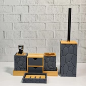 Banyo Lavabo Sıvı Sabunluk Seti Diş Fırçalık Pamukluk Katı Sabunluk Dekoratif Akrilik Bambu Banyo Takımı - 1