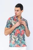 Erkek Fit Apaj Yaka Yandan Yırtmaçlı Kumaş Baskılı Rahat Gömlek - 7
