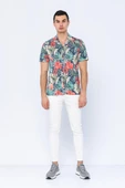 Erkek Fit Apaj Yaka Yandan Yırtmaçlı Kumaş Baskılı Rahat Gömlek - 8