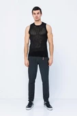 Erkek Slim Fit Bisiklet Yaka Kolsuz Ribanalı Geniş Kafes Örgülü File Pamuklu Triko T-Shirt - 3