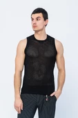 Erkek Slim Fit Bisiklet Yaka Kolsuz Ribanalı Geniş Kafes Örgülü File Pamuklu Triko T-Shirt - 2