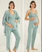 Monamise 18469 Yeşil Hamile Lohusa 3 Lü Pijama Sabahlık Tk - 5