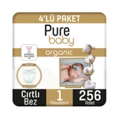 Pure Baby Organik Pamuklu Cırtlı Bez Tekli Paket 1 Numara Yenidogan 256 Adet (64x4 paket) thumbnail 1