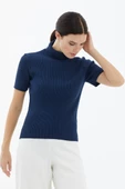Tam Balıkçı Yaka Kısa Kollu Triko Kazak - Lacivert thumbnail 1