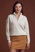 Yarım Balıkçı Yaka  Fermuarlı Yün Triko Kazak - Kemik thumbnail 1