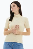 Tam Balıkçı Yaka Kısa Kollu Triko Kazak - Krem thumbnail 2