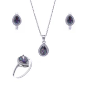Damla Model Mistik Topaz Taşlı 925 Ayar Gümüş Kadın Üçlü Set - 1