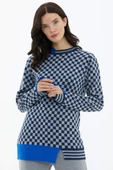 Dama Desenli Sıfır Yaka Triko Kazak - Lacivert thumbnail 2
