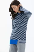 Dama Desenli Sıfır Yaka Triko Kazak - Lacivert thumbnail 4