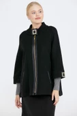 Toka Detaylı Fermuarlı Kadın Triko Ceket - Siyah - Gri thumbnail 1