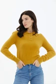 Polo Yaka Patlı Düğmeli Triko Kazak - Hardal thumbnail 2