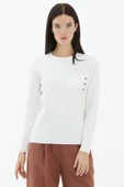 Sıfır Yaka Cepli Düğmeli Triko Kazak - Beyaz thumbnail 3