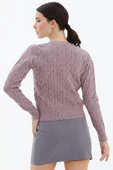 V Yaka Düğmeli Saç Örgülü Triko Hırka - Gül thumbnail 4