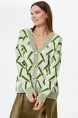Geometrik Desenli Triko Hırka - Kemik - Yeşil thumbnail 6