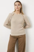 Sıfır Yaka Omuzları Düğmeli Triko Kazak - Açık Bej thumbnail 3