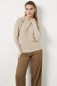 Sıfır Yaka Omuzları Düğmeli Triko Kazak - Açık Bej thumbnail 1