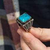 Kare Mavi Paraiba Taşlı 925 Gümüş Erkek Yüzük - 7
