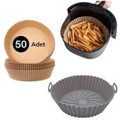 BUFFER® Silikon Airfryer Gri 20 Cm ve 50 Adet Tek Kullanımlık Pişirme Kağıdı Yuvarlak Tabak Model - 1