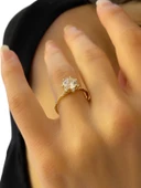 Lotus Swarovski Taş Üst Kalite Altın Yüzük 14 Ayar - 4