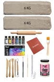 Beyaz Seramik Hamuru 12 kg Kil Ebeşuar Set Mastermix Akrilik Set Parlak Vernik Ahşap Merdane Kretuar - 1