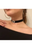 Zirkon Taşlı Choker Boş Kalp Detay Kadife Tasma Kolye - 1