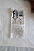 6 Adet Çiçek Dantelli Krem Keten Kaşıklık Servis Sunum - Table Decor - 6