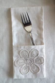 6 Adet Çiçek Dantelli Krem Keten Kaşıklık Servis Sunum - Table Decor - 2