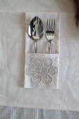 6 Adet Çiçek Dantelli Krem Keten Kaşıklık Servis Sunum - Table Decor - 4