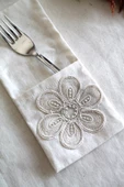 6 Adet Çiçek Dantelli Krem Keten Kaşıklık Servis Sunum - Table Decor - 1