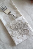 6 Adet Çiçek Dantelli Krem Keten Kaşıklık Servis Sunum - Table Decor - 3