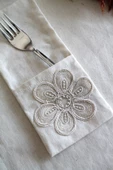 6 Adet Çiçek Dantelli Krem Keten Kaşıklık Servis Sunum - Table Decor - 7