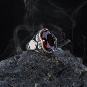 Yeni Tasarım Kırmızı Zirkon Taşlı Motifli Gümüş Erkek Yüzük - 1