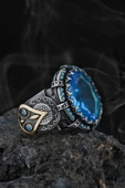 Aqua Taşlı Yanı Motifli Gümüş Erkek Yüzük - 3