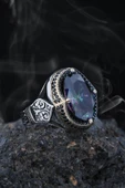 Yeni Tasarım Mistik Topaz Taşlı Motifli Gümüş Erkek Yüzük thumbnail 3