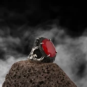 Kırmızı Taşlı Kartal Karartmalı Gümüş Erkek Yüzük - 1