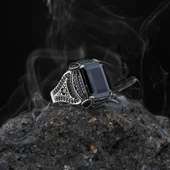 Siyah Zirkon Taşlı İşlemeli Gümüş Erkek Yüzük - 2