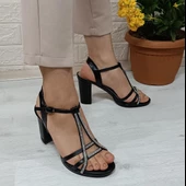 Fiyra 7025 Siyah Taşlı 8cm Kare Topuk Bayan Platform Ayakkabı - 6