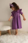 KIZ ÇOCUK ÖNDEN DÜĞMELİ YAKA MODELLİ ELBİSE - 4