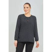 Kadın Siyah Kolu Lastikli Puantiyeli Likralı Anne Penye Bluz - 2