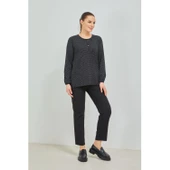 Kadın Siyah Kolu Lastikli Puantiyeli Likralı Anne Penye Bluz - 6