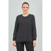 Kadın Siyah Kolu Lastikli  Puantiyeli  Likralı Anne Penye Bluz - 1