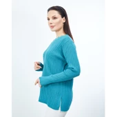 Kadın Mavi Triko V Yaka Kışlık Anne Esnek Kazak - 2