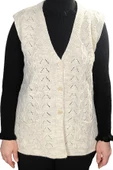 Fresh&Moda Kadın  Krem V Yaka Zincir Örgü Yün Triko Anne Yelek - 2