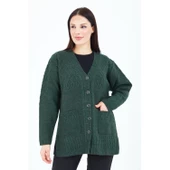 Kadın Haki Yeşil V Yaka Düğmeli Cepli Örgü Yün Anne Triko Kısa Hırka - 7