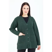 Kadın Haki Yeşil V Yaka Düğmeli Cepli Örgü Yün Anne Triko Kısa Hırka - 4