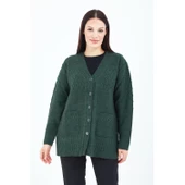 Kadın Haki Yeşil V Yaka Düğmeli Cepli Örgü Yün Anne Triko Kısa Hırka - 8